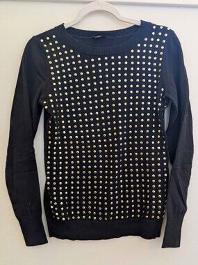 Express Black Crew Neck Gold Studded Knit Sweater, Small